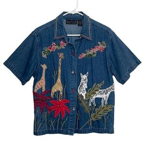 New Direction Embroidered Blue Denim Shirt 100% Cotton Safari Animals Size M